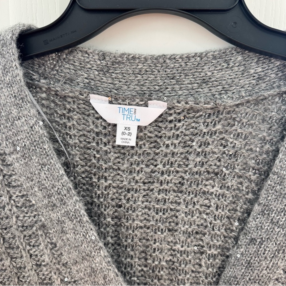 Time and Tru Women's XS Gray Heather Sequin Button Front Pocket Cardigan Sweater - Picture 5 of 13